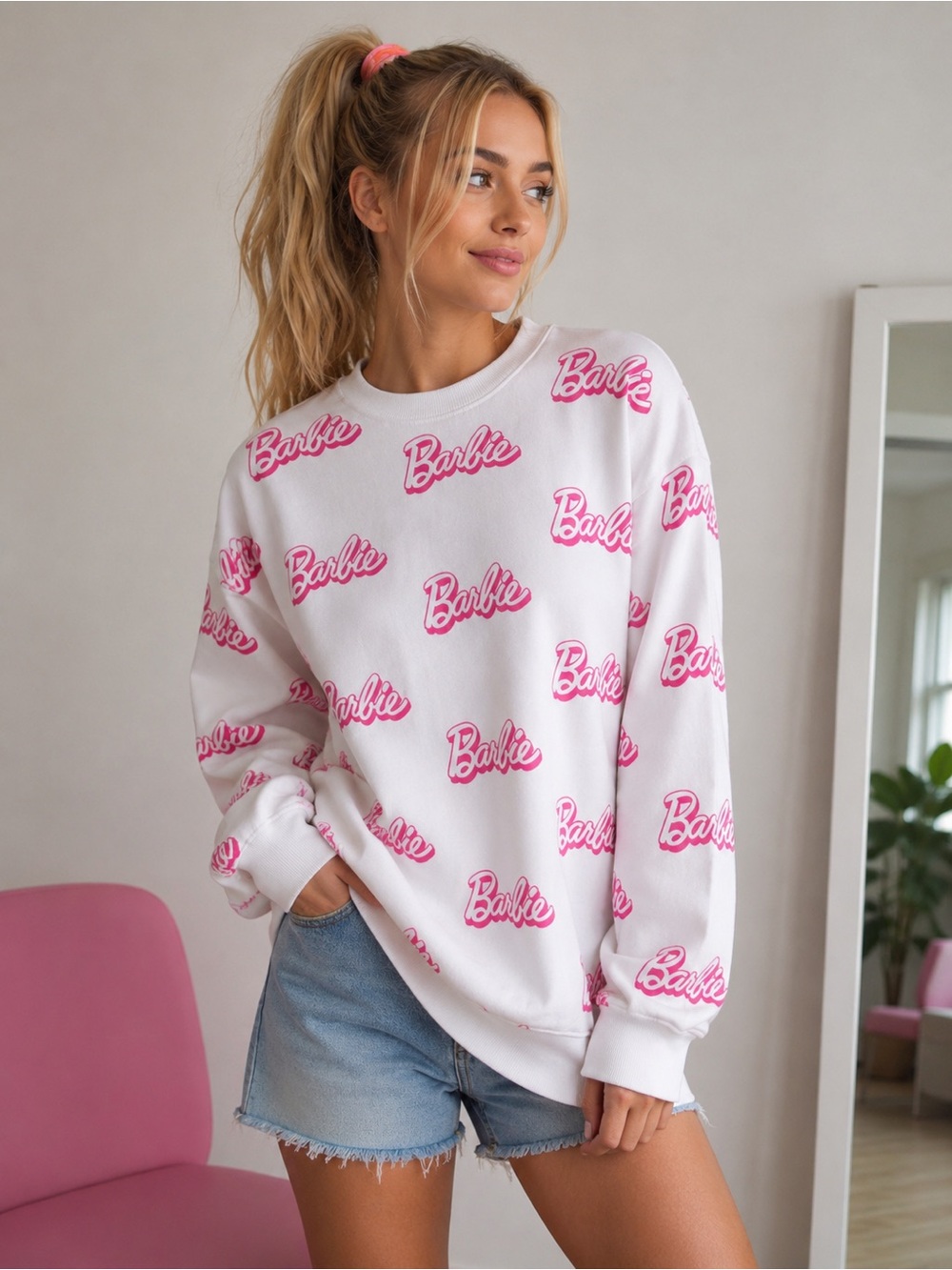 NWT Barbie Logo Sweatshirt | Size XL | Pink & White | Barbiecore